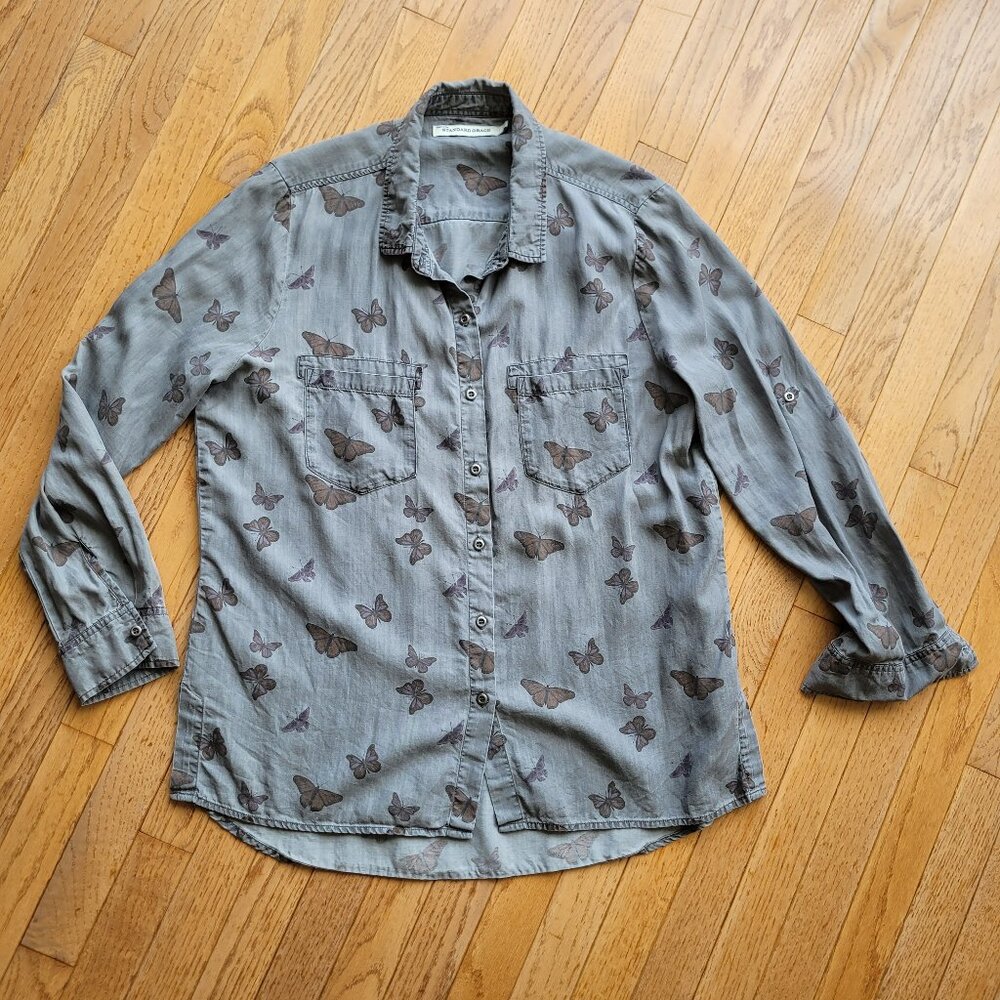 STANDARD GRACE Gray Butterfly Print Women's Shirt L